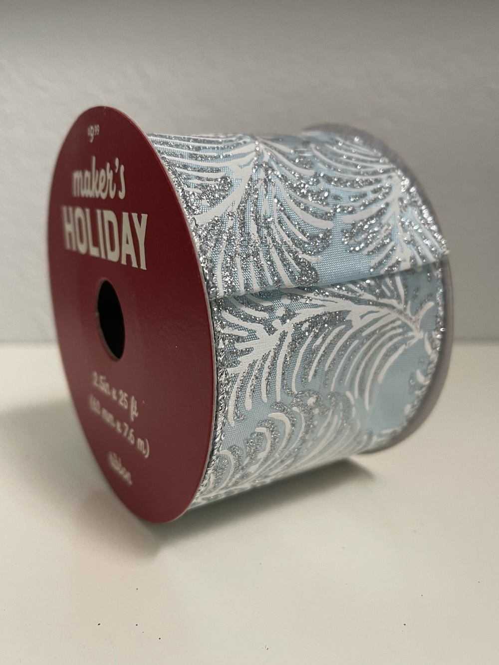 Ribbon Feather Silver Blue 2.5in Wide 25ft Wire Edge Christmas Wreath Winter DIY